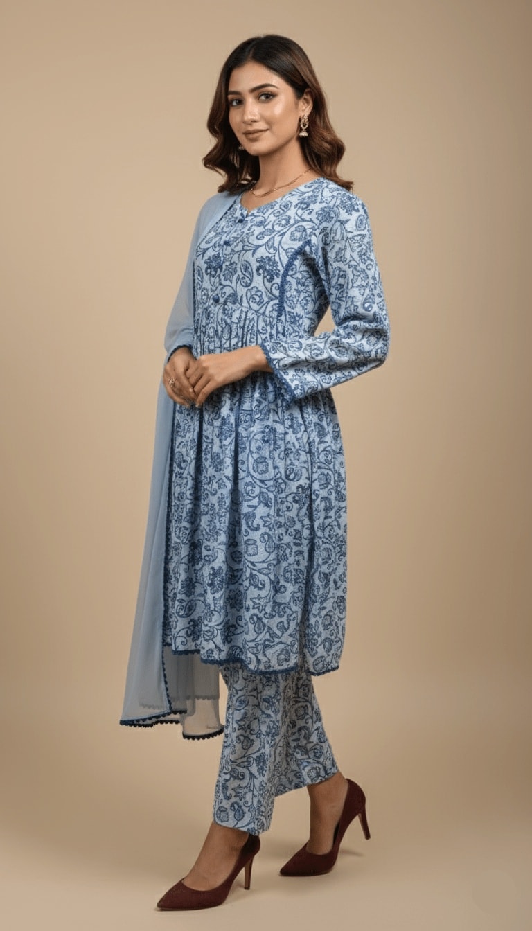 Mira Powder Blue Paisley Georgette 3-Piece Frock Suit