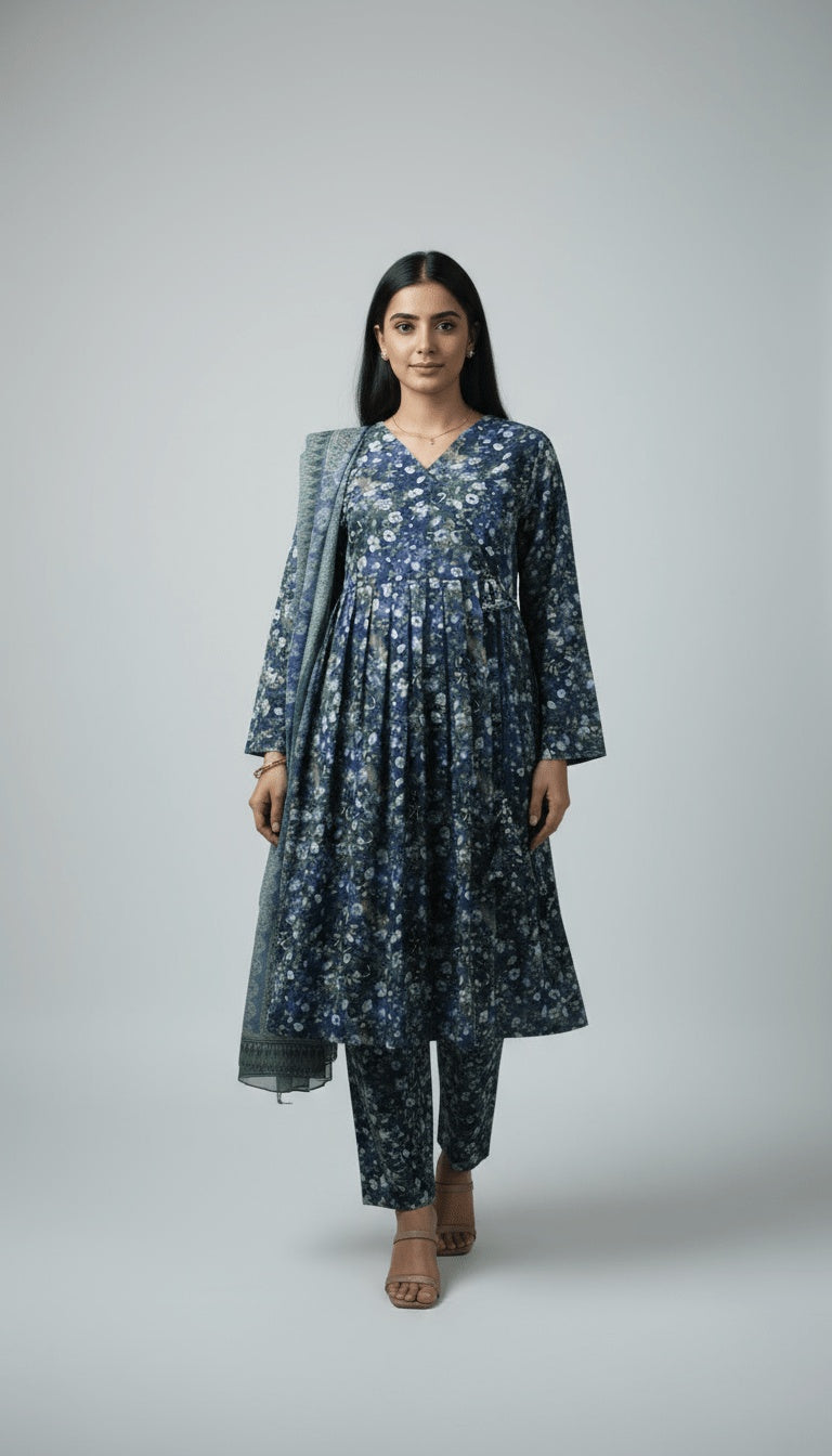 Twilight Bloom 3-Piece Printed Lawn Anarkali Suit