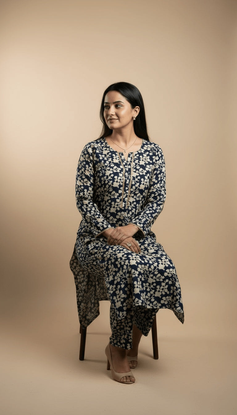 Indigo Vine Printed Linen 2-Piece Suit | Navy & Beige Trousers Co-ord Set