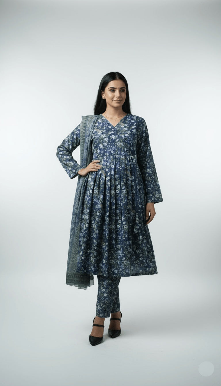 Twilight Bloom 3-Piece Printed Lawn Anarkali Suit