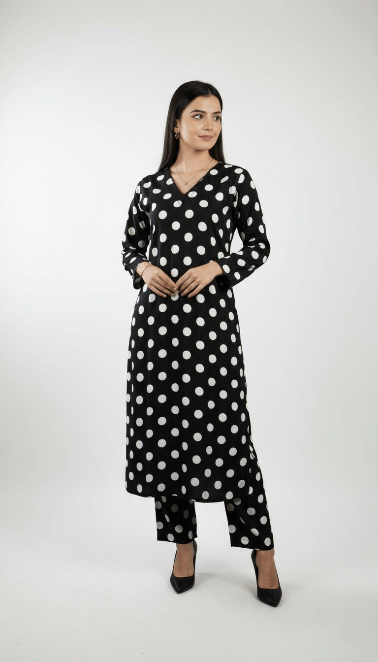 Monochrome Dot Printed Linen 2-Piece Co-ord Suit