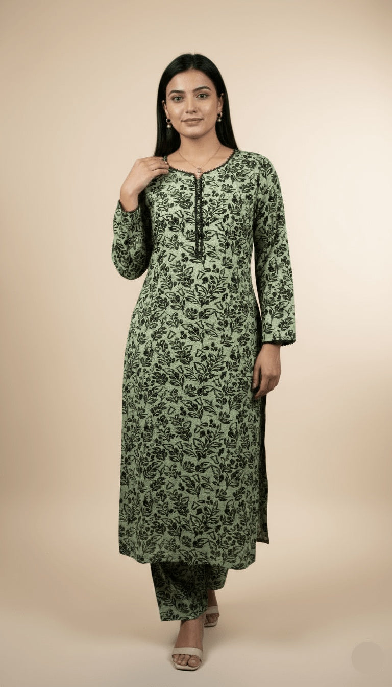 Spring Sage Printed Linen 2-Piece Suit | Green & Black Trousers Co-ord Set