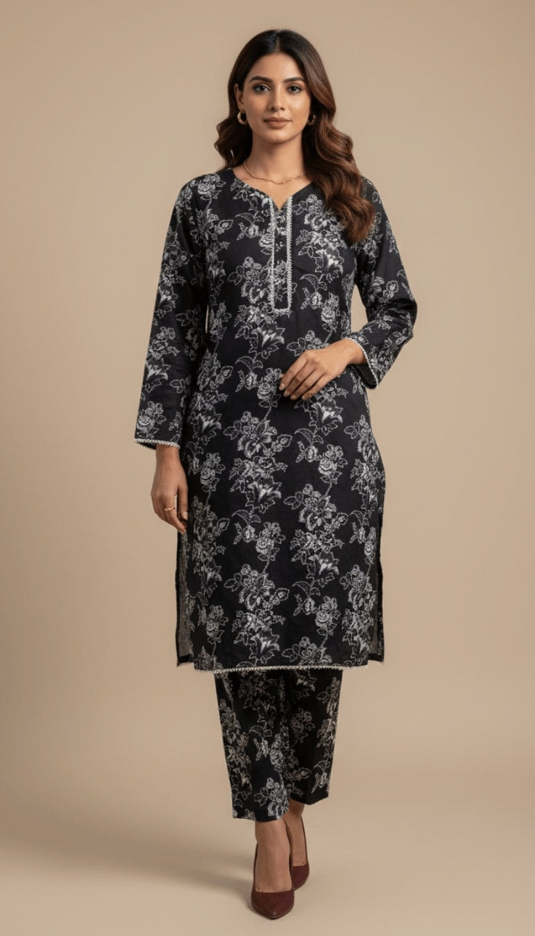 Space Black & Silver Floral Linen 2-Piece Suit