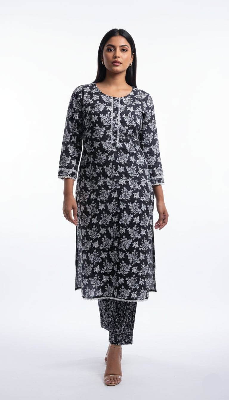 Zaina Black & White Floral Linen 2-Piece Suit