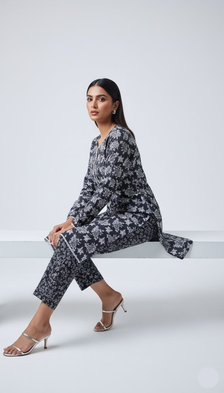 Zaina Black & White Floral Linen 2-Piece Suit