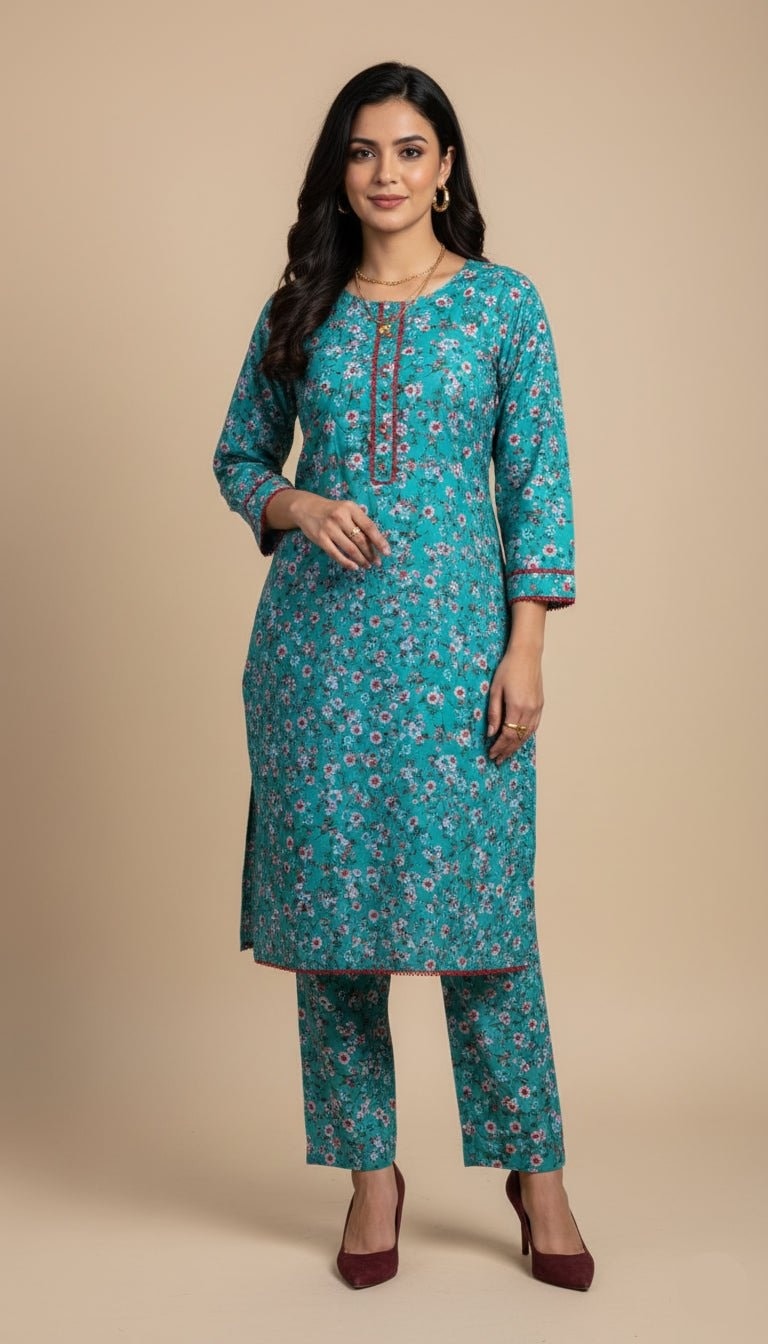 Leela Turquoise Floral Linen 2-Piece Suit