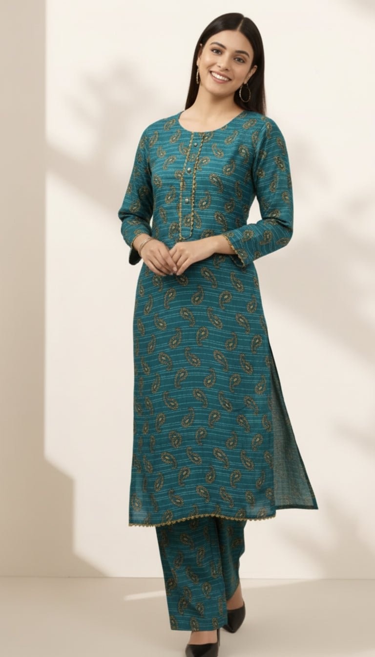 Nadia Teal & Gold Paisley Linen 2-Piece Suit