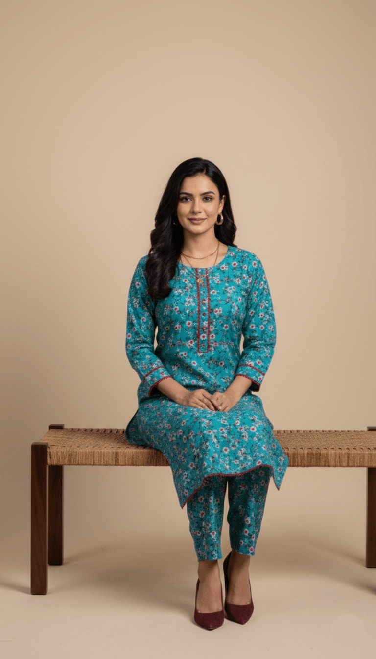 Leela Turquoise Floral Linen 2-Piece Suit