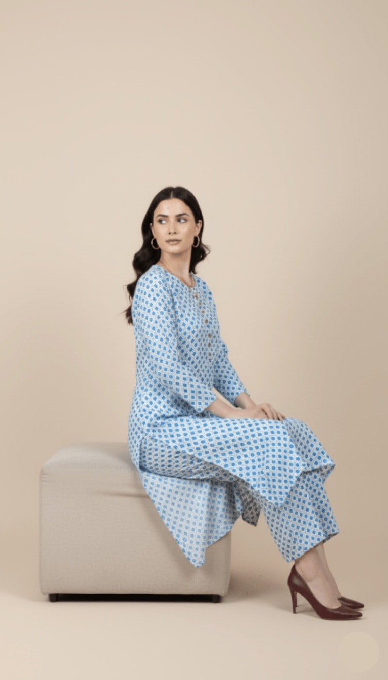 Aria Sky Blue Diamond Print Linen 2-Piece Suit