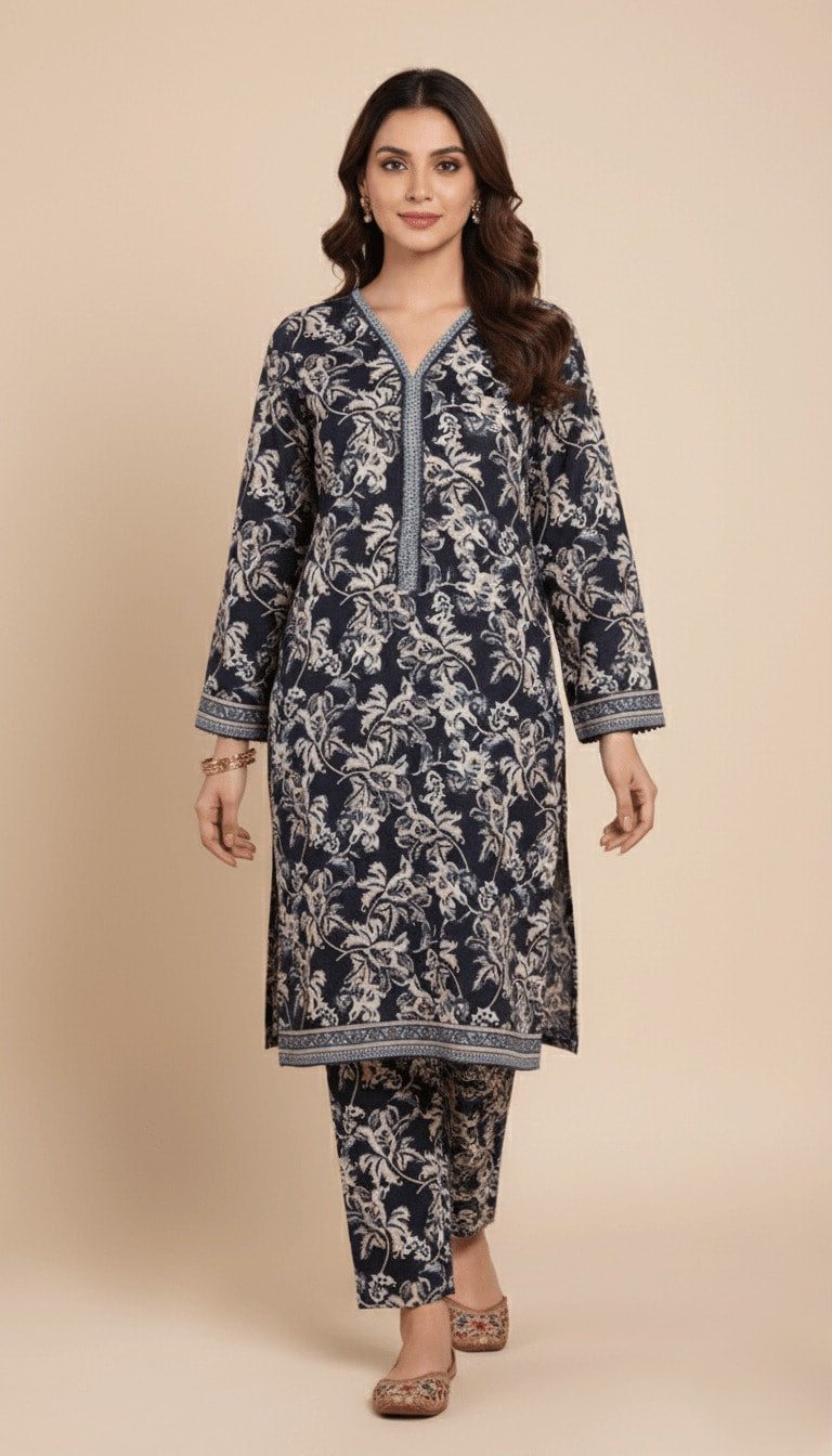 Binsaeed 2 PC Khaddar Navy Blue Printed Suit | SuitsMeUK