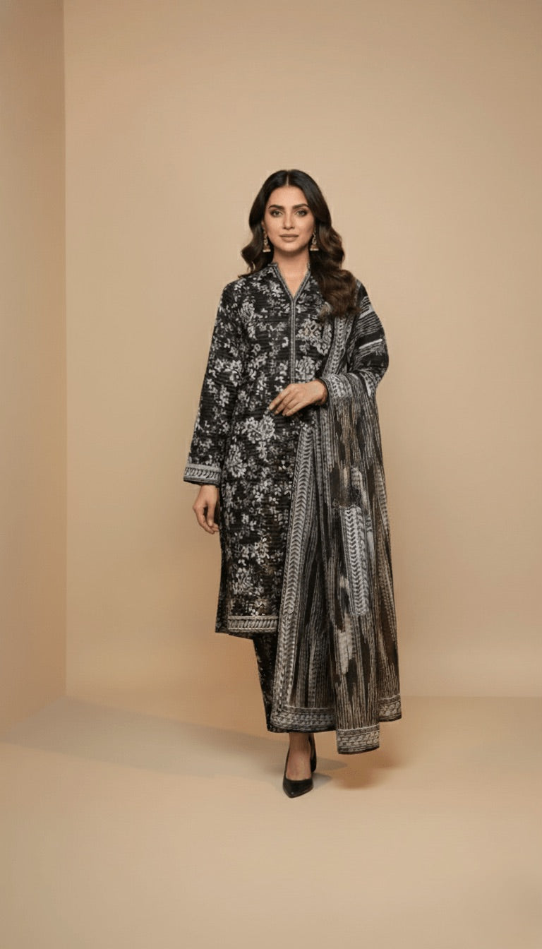 Binsaeed Black Abstract Khaddar 3PC Suit | SuitsMeUK