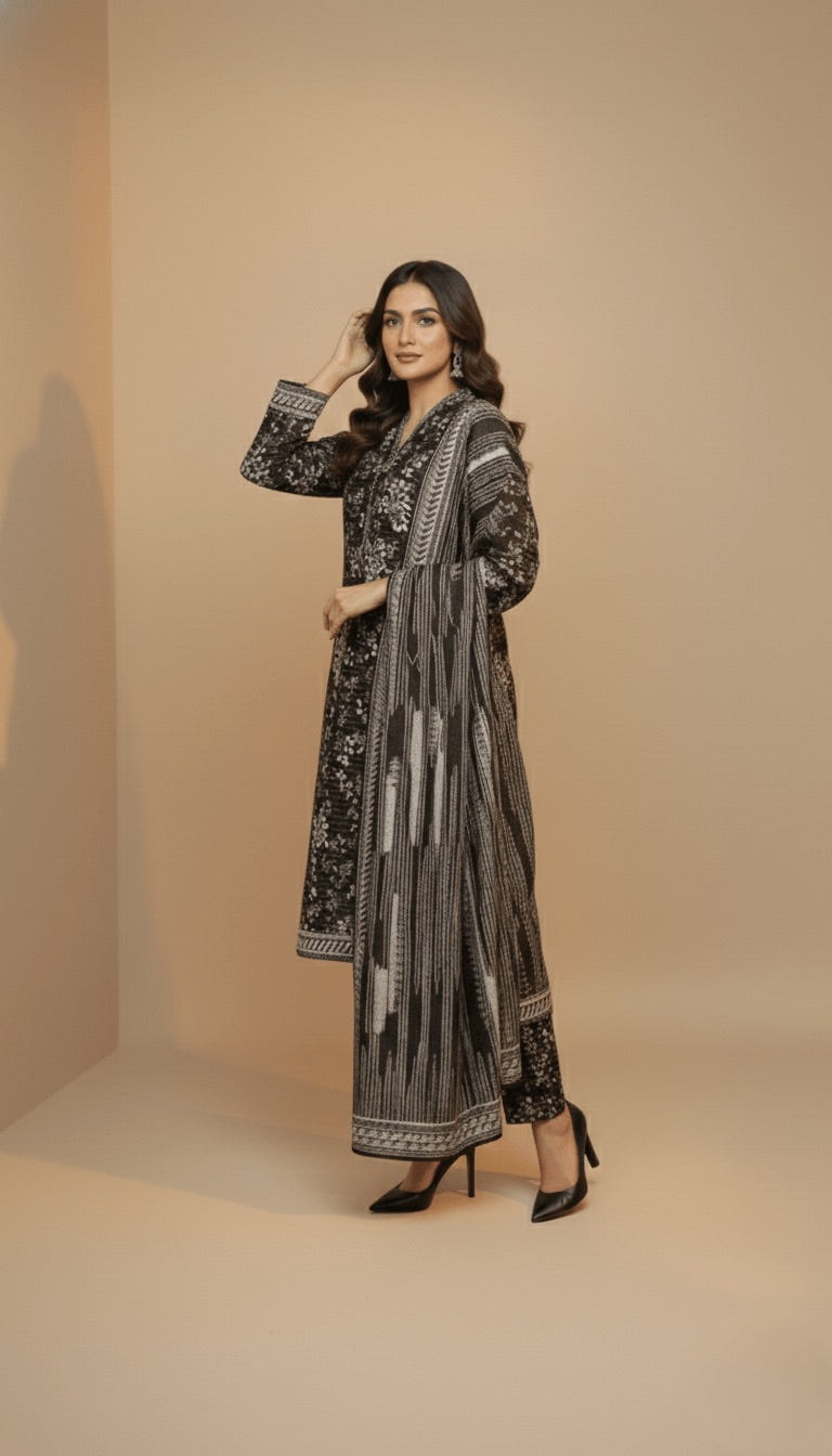 Binsaeed Black Abstract Khaddar 3PC Suit | SuitsMeUK