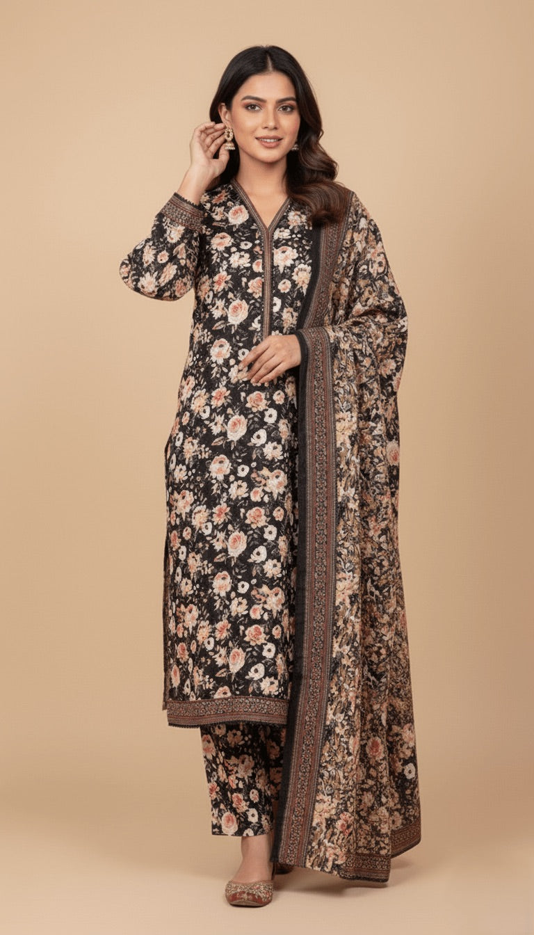 Binsaeed Black Floral Khaddar 3PC Suit Winter Stitched | SuitsMeUK
