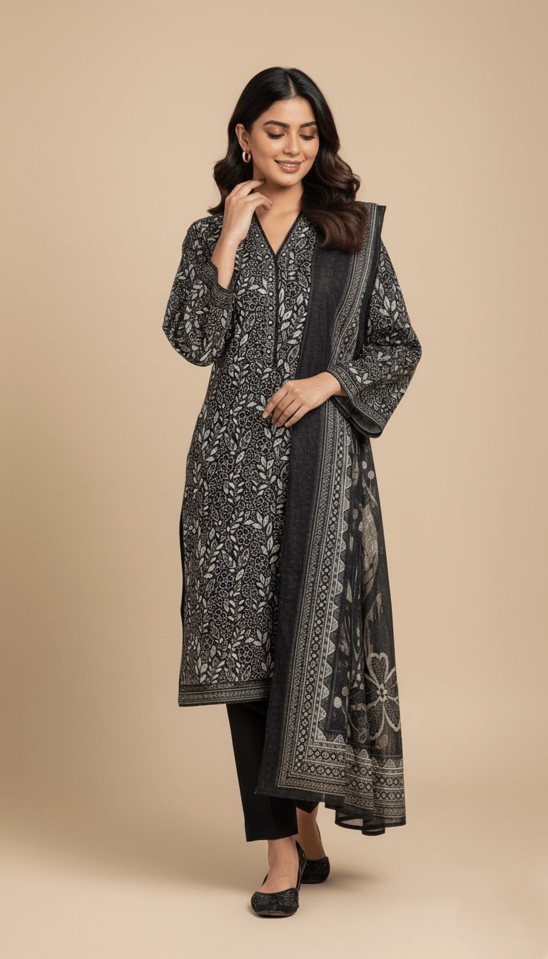 Binsaeed Black & White Khaddar 3PC Suit | SuitsMeUK