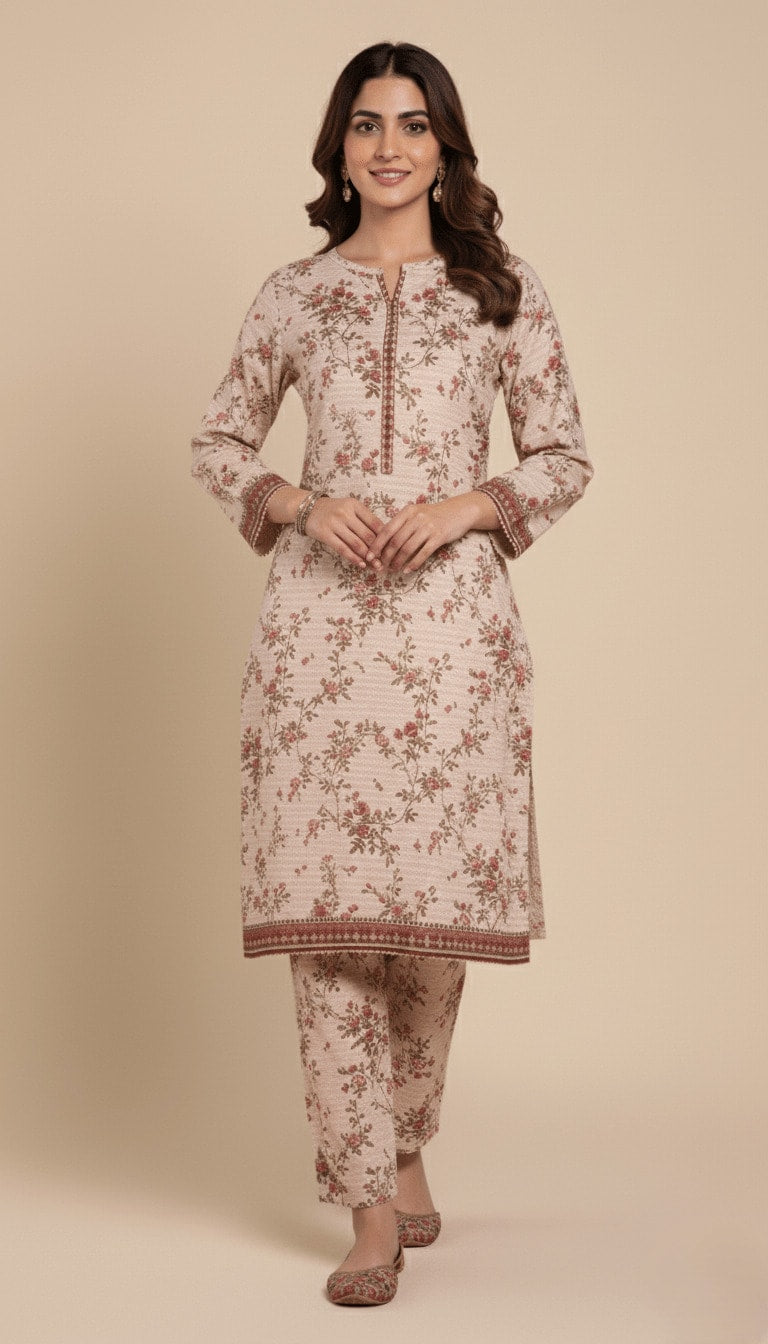Binsaeed Floral Printed Khaddar Beige 2 Piece Winter Suit | SuitsMeUK