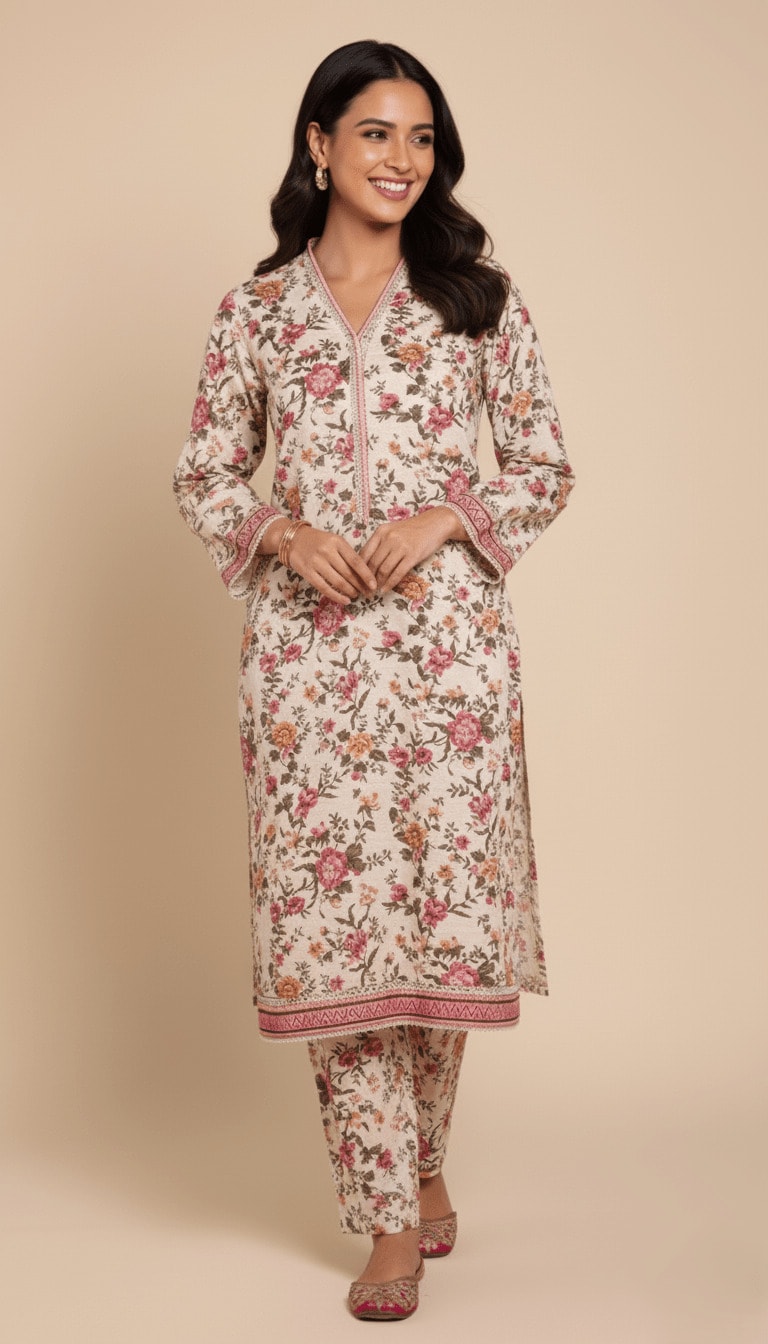 Binsaeed Khaddar Suit Cream Pink Floral Printed 2pc | SuitsMeUK