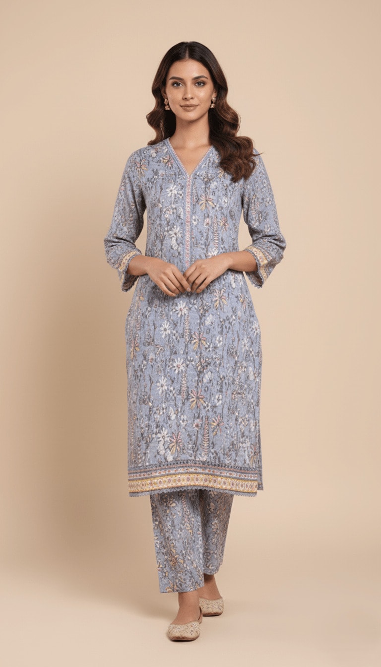 Binsaeed Khaddar Suit Dusty Blue Floral Printed 2pc | SuitsMeUK