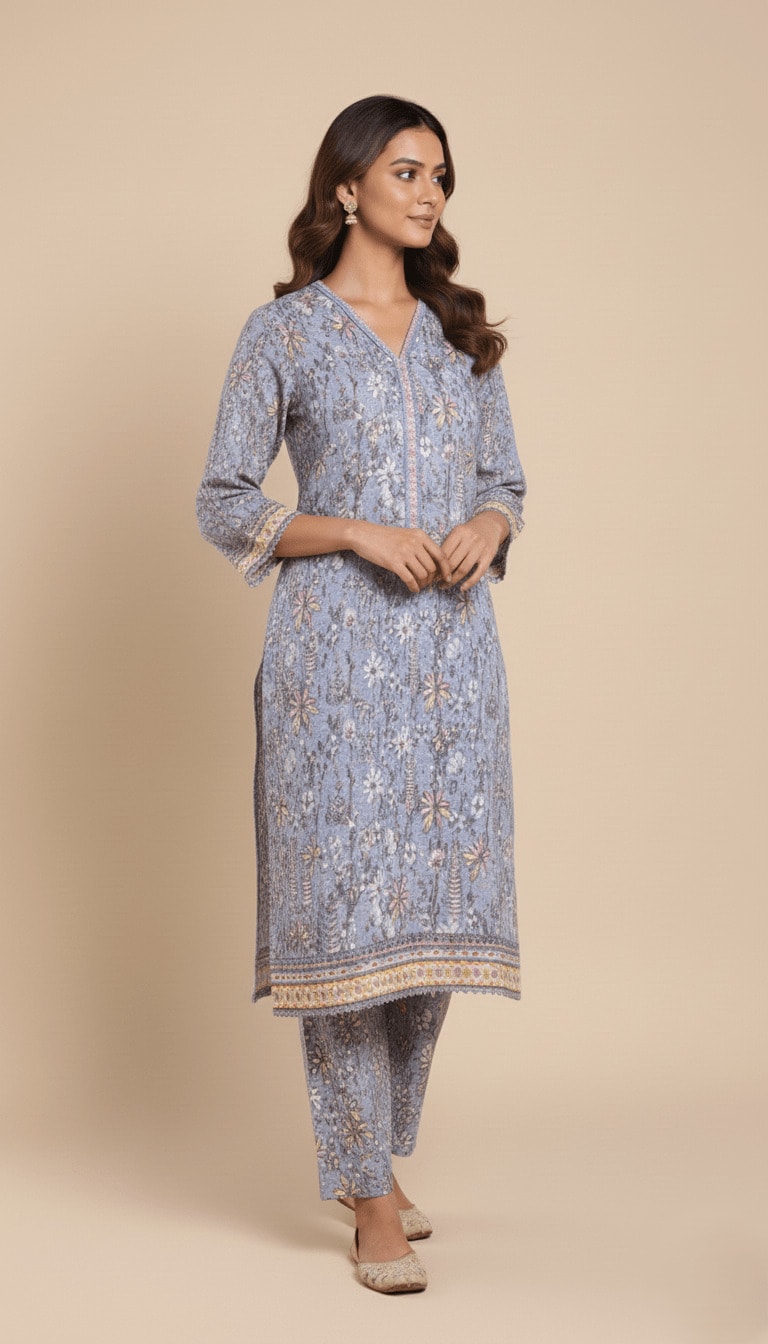 Binsaeed Khaddar Suit Dusty Blue Floral Printed 2pc | SuitsMeUK
