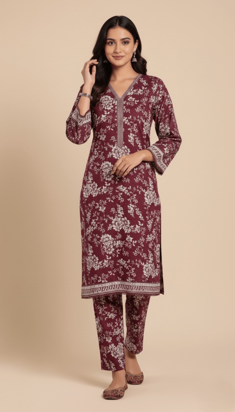 Binsaeed Khaddar Suit Maroon White Floral Print 2pc | SuitsMeUK
