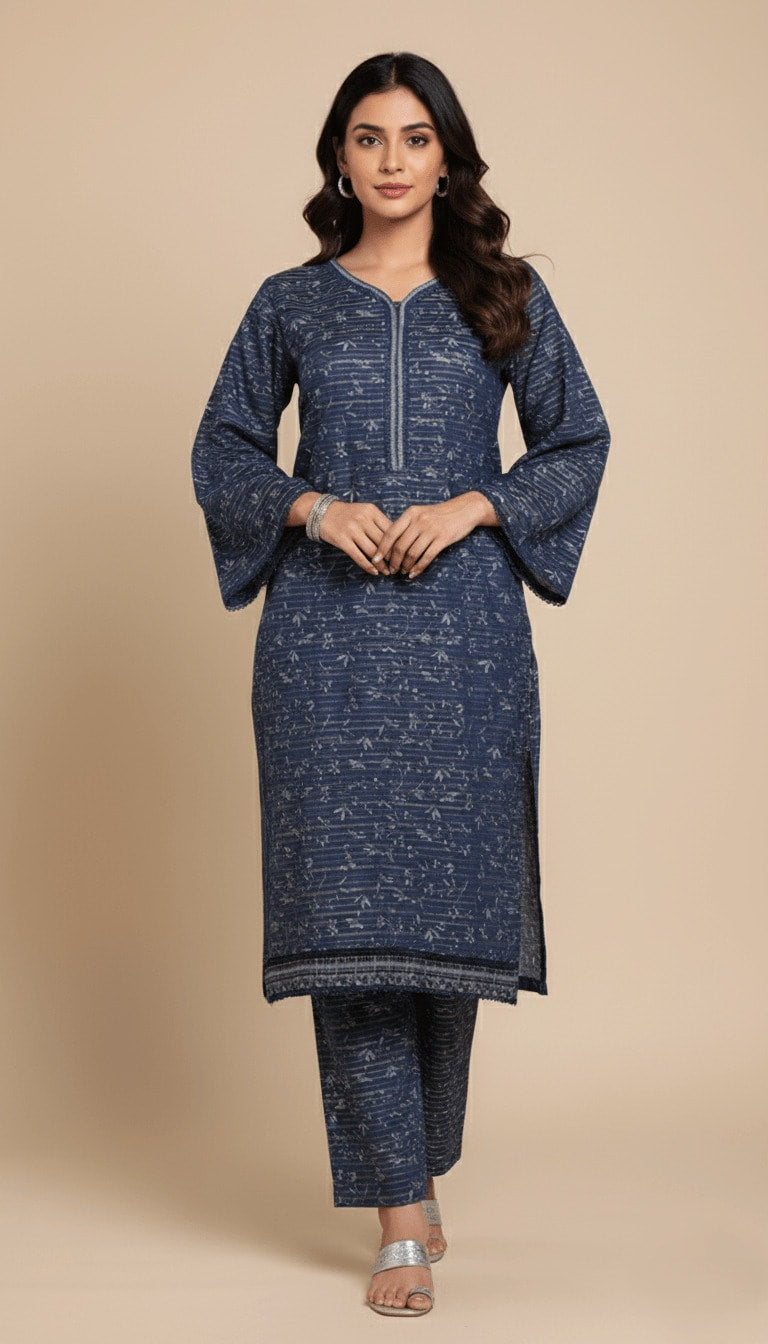 Binsaeed Khaddar Suit Midnight Blue Lined Print 2pc | SuitsMeUK
