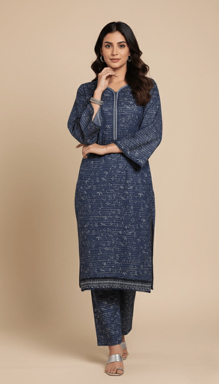 Binsaeed Khaddar Suit Midnight Blue Lined Print 2pc | SuitsMeUK