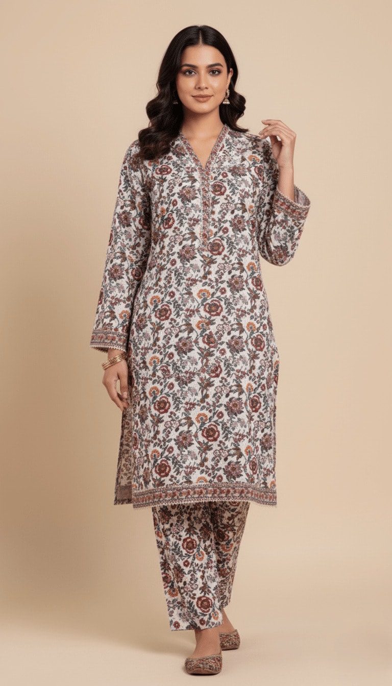 Binsaeed Khaddar Suit Off-White Floral Printed 2pc | SuitsMeUK