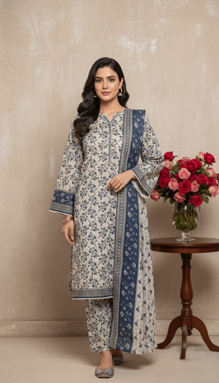 Binsaeed Light Khaddar 3PC Suit Blue Floral Print | SuitsMeUK