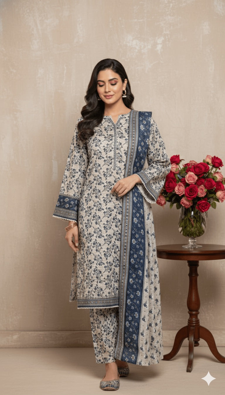 Binsaeed Light Khaddar 3PC Suit Blue Floral Print | SuitsMeUK