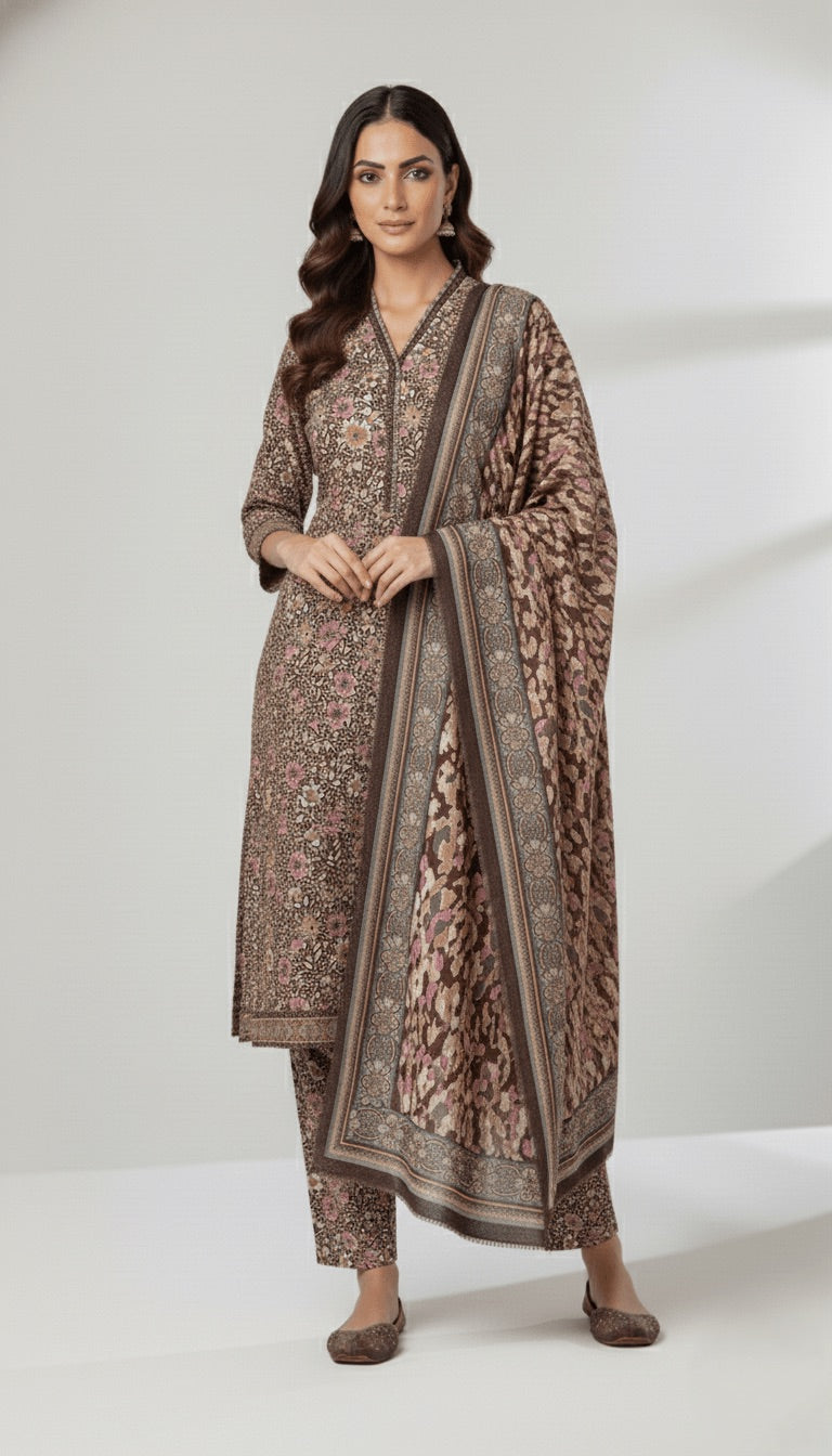 Binsaeed Mauve Brown Khaddar 3PC Suit | SuitsMeUK