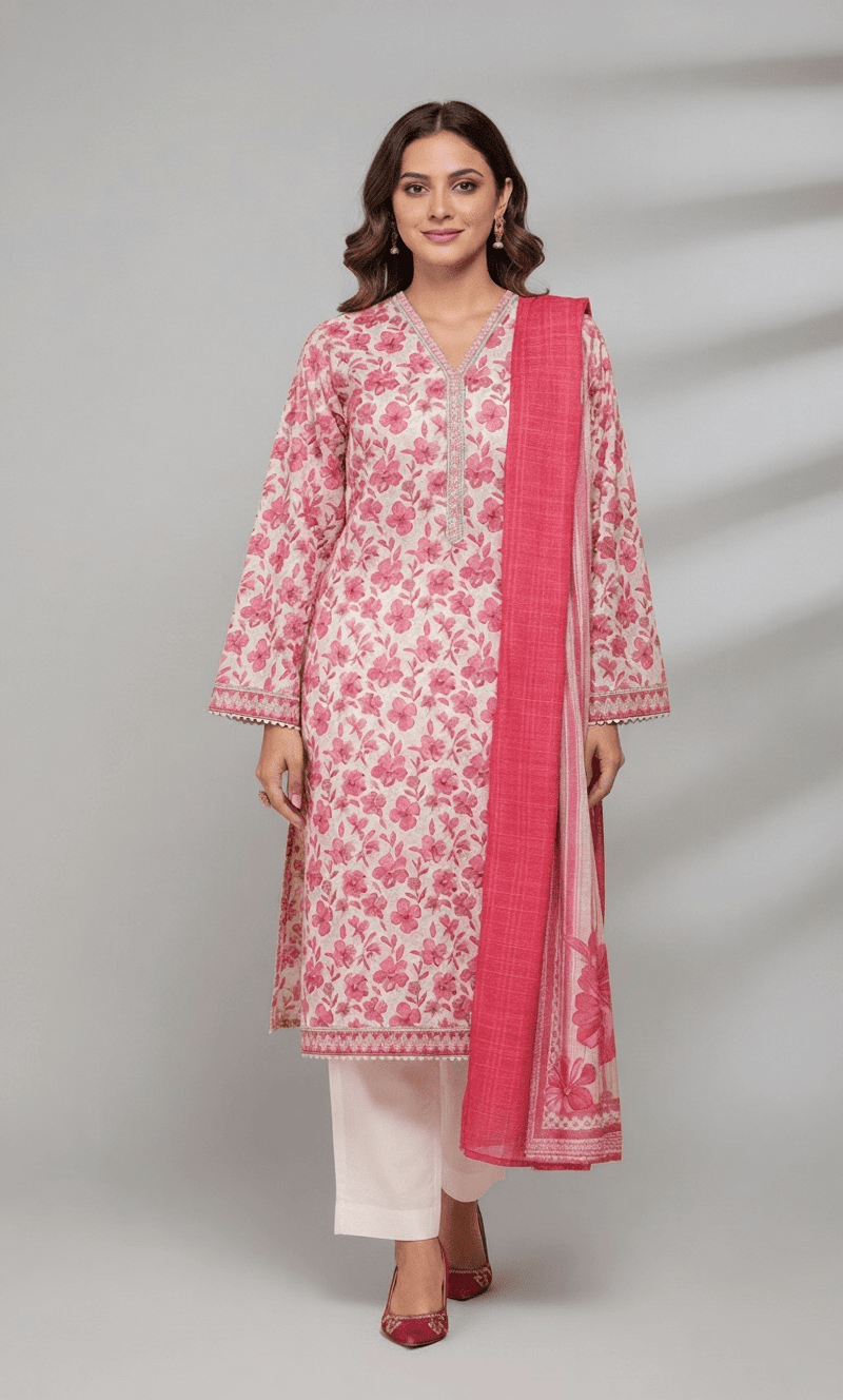 Binsaeed Pink Floral Khaddar 3PC Suit | SuitsMeUK