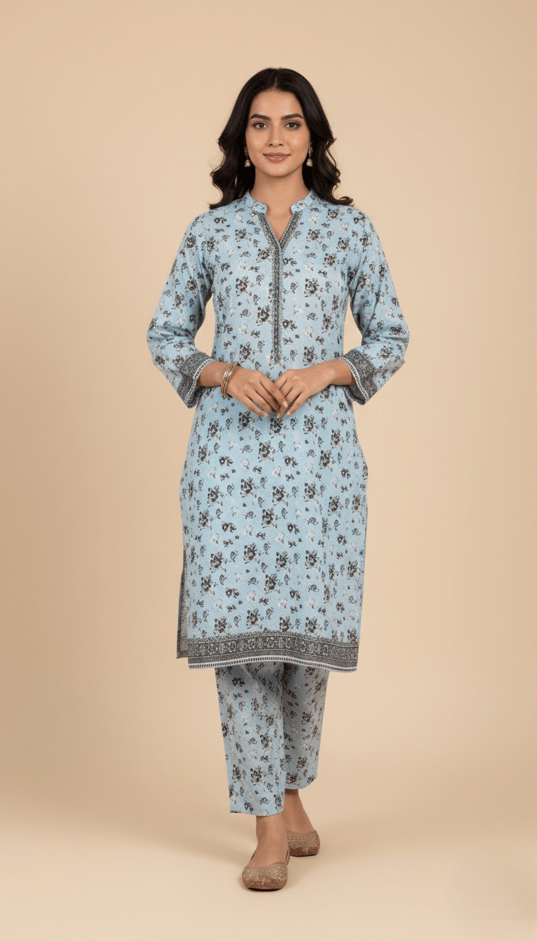 Binsaeed Sky Blue Floral Printed Khaddar 2-Piece Suit | SuitsMeUK