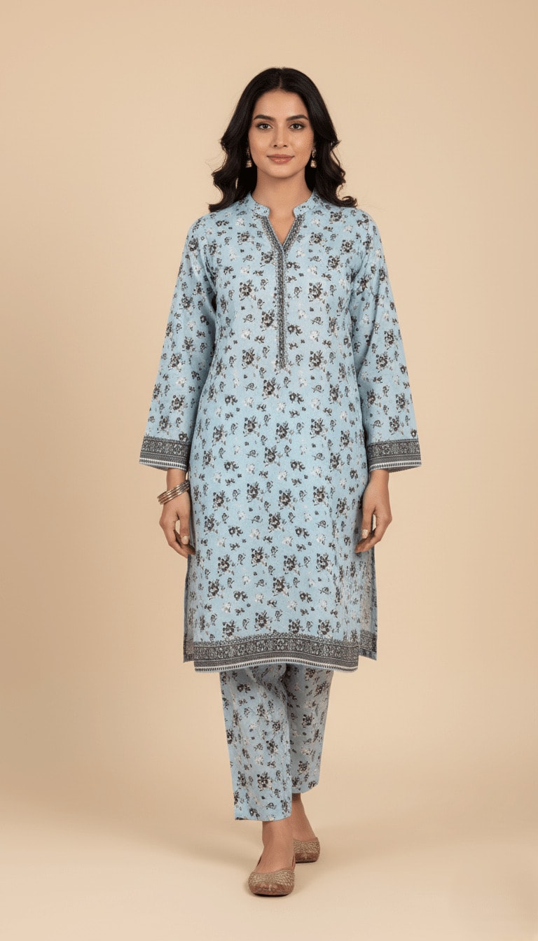 Binsaeed Sky Blue Floral Printed Khaddar 2-Piece Suit | SuitsMeUK