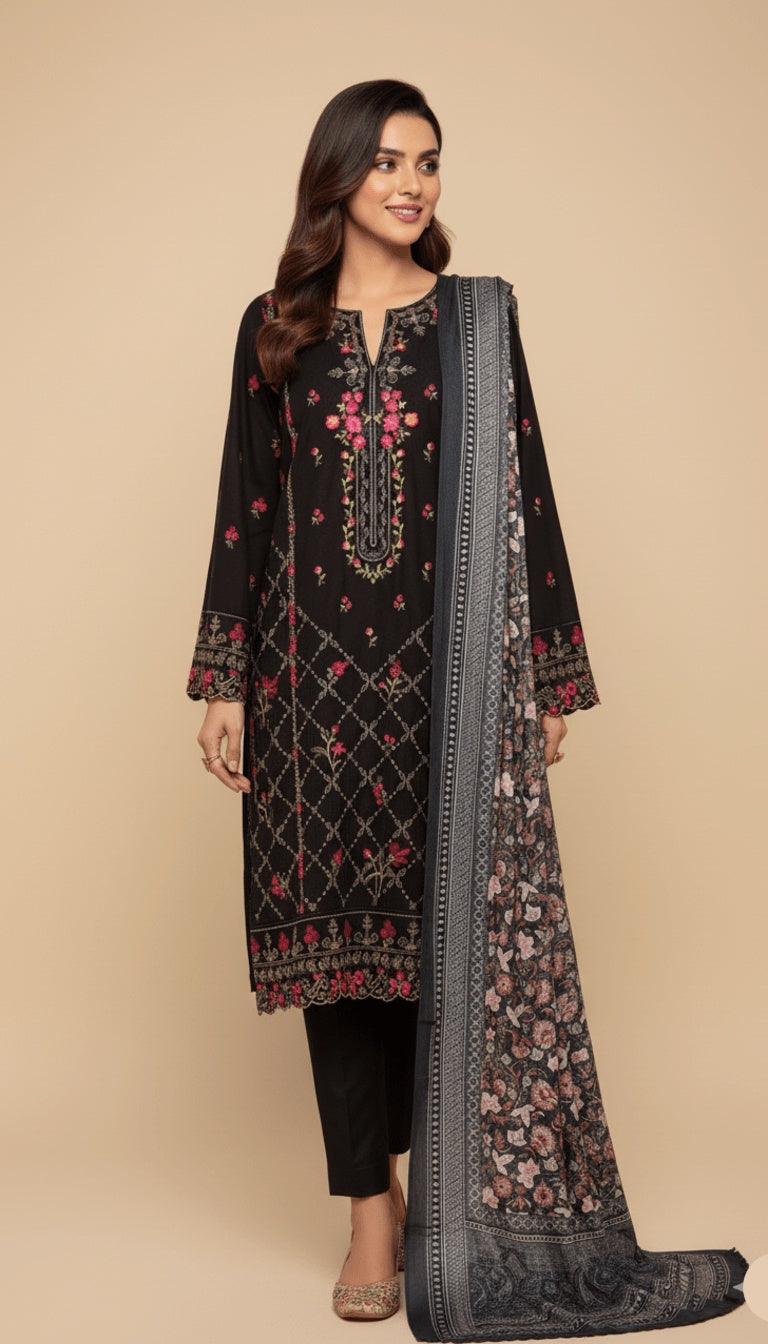 Binsaeed Three-Piece Khaddar Black Floral Embroidered Suit