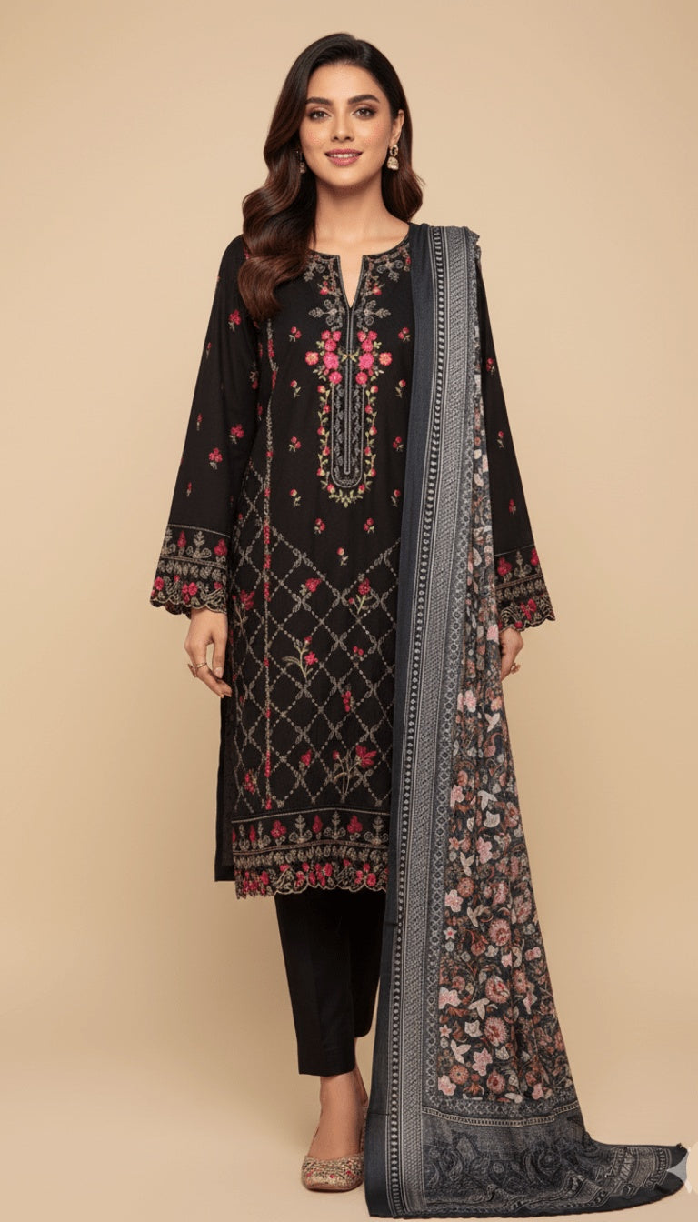 Binsaeed Three-Piece Khaddar Black Floral Embroidered Suit