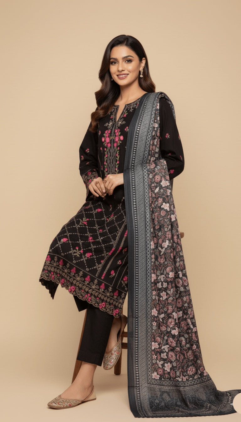 Binsaeed Three-Piece Khaddar Black Floral Embroidered Suit