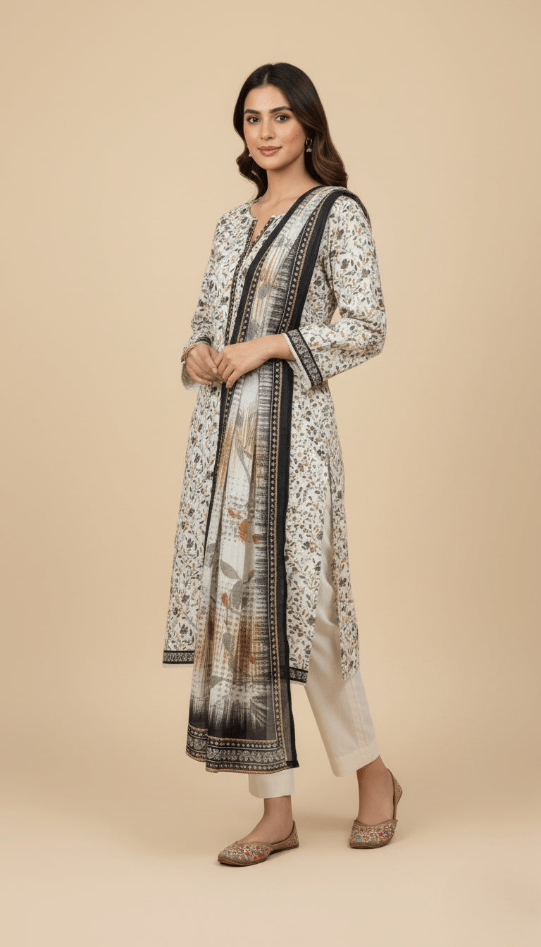 Binsaeed Three-Piece Khaddar Black & Ivory Printed Suit