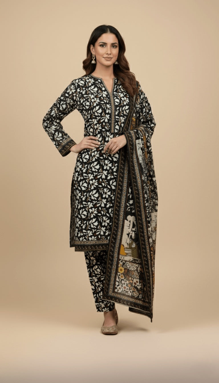 Binsaeed Three-Piece Khaddar Black, White & Tan Printed Suit