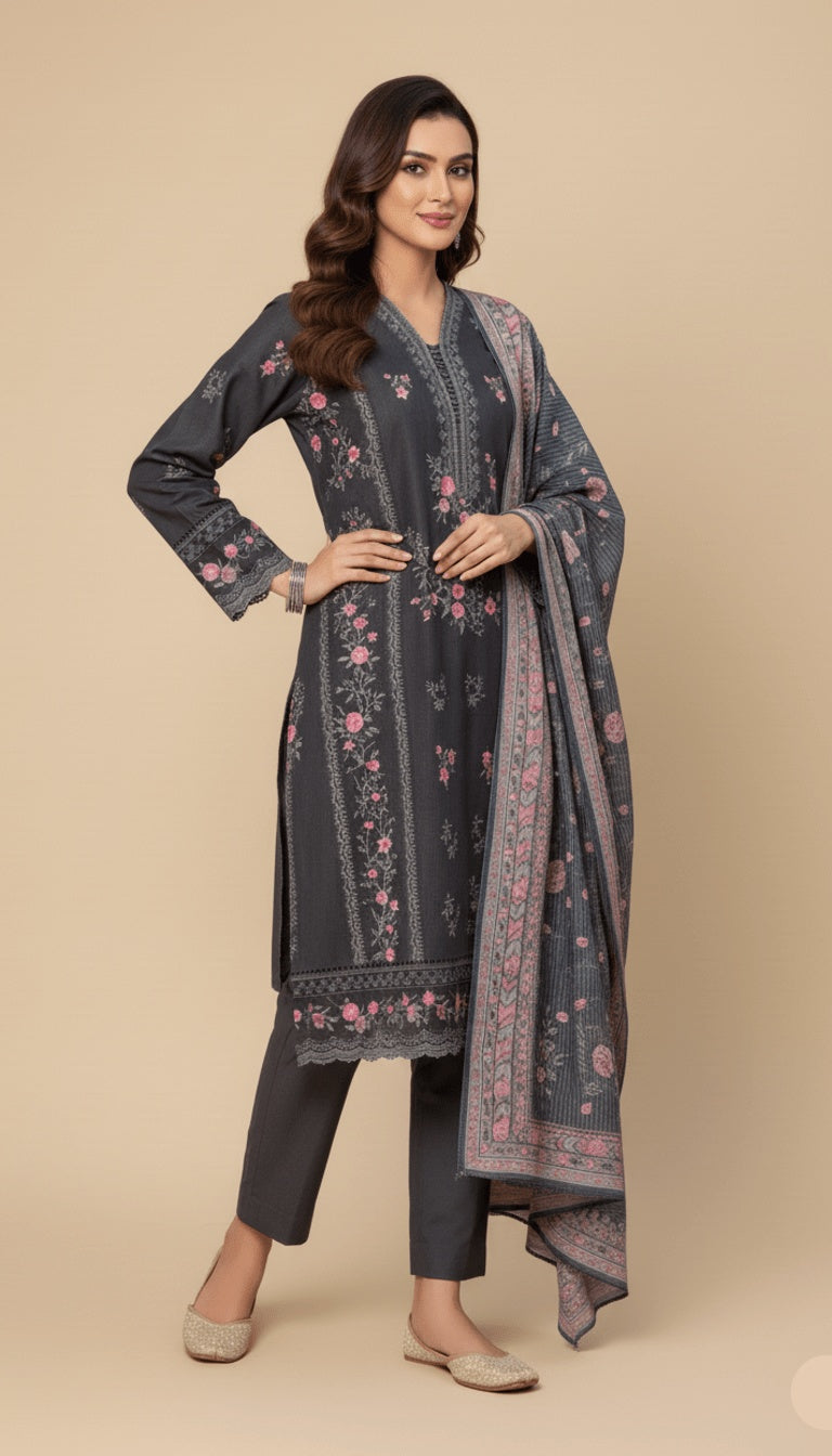 Binsaeed Three-Piece Khaddar Charcoal Grey Embroidered Suit