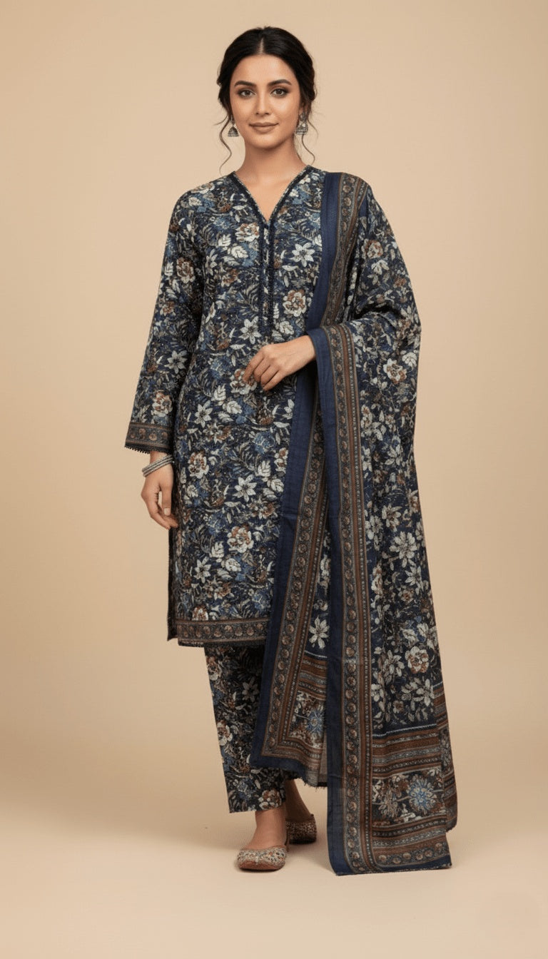 Binsaeed Three-Piece Khaddar Charcoal & Taupe Printed Suit