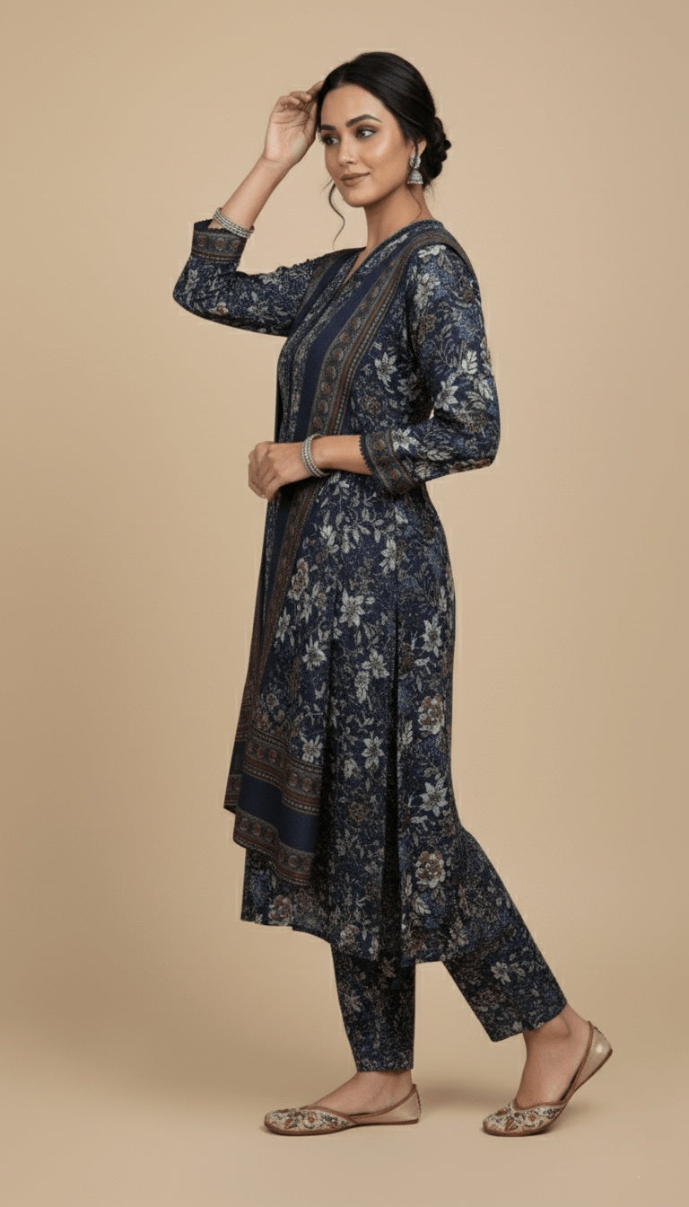 Binsaeed Three-Piece Khaddar Charcoal & Taupe Printed Suit
