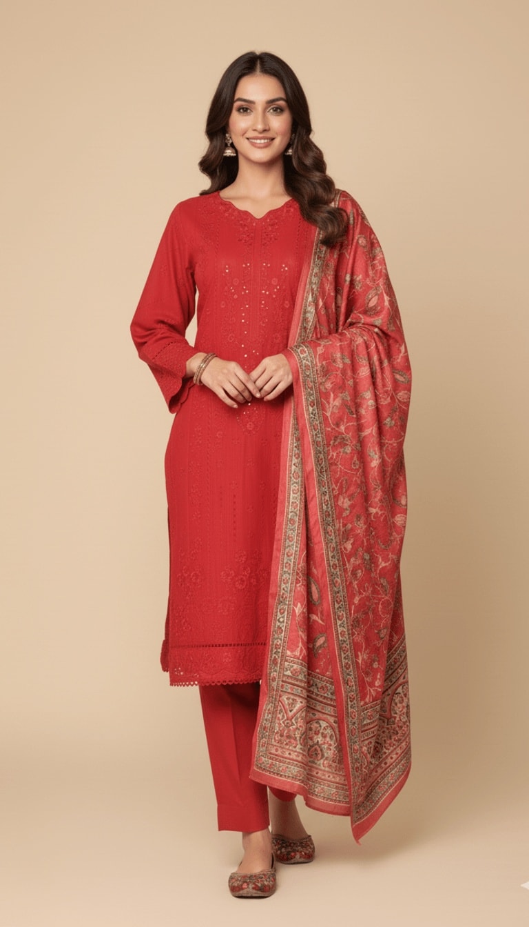 Binsaeed Three-Piece Khaddar Crimson Red Embroidered Suit