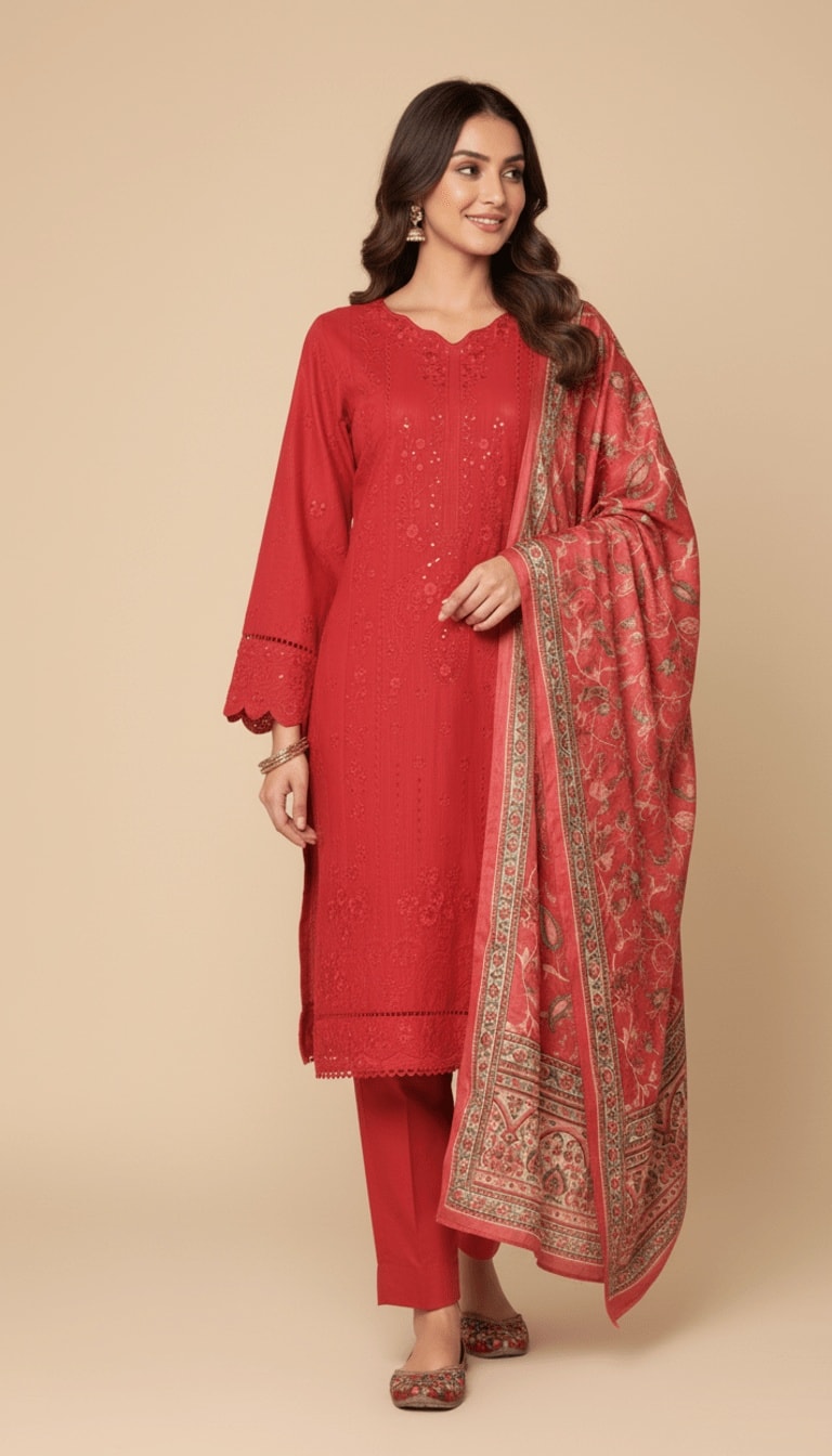 Binsaeed Three-Piece Khaddar Crimson Red Embroidered Suit
