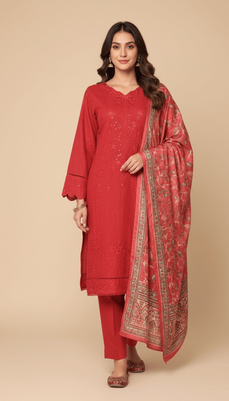 Binsaeed Three-Piece Khaddar Crimson Red Embroidered Suit
