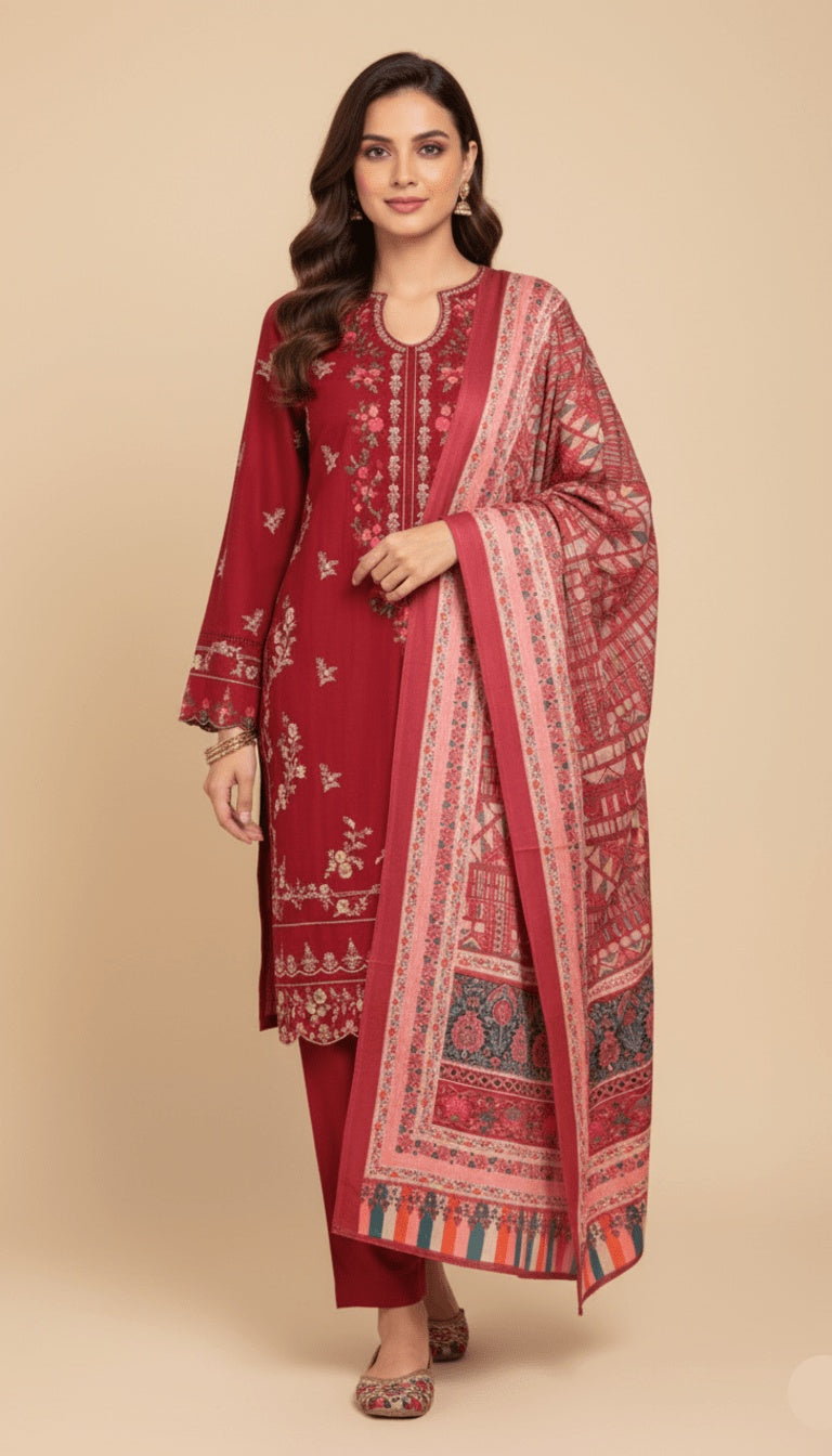 Binsaeed Three-Piece Khaddar Deep Crimson Embroidered Suit