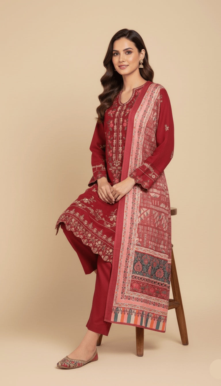 Binsaeed Three-Piece Khaddar Deep Crimson Embroidered Suit