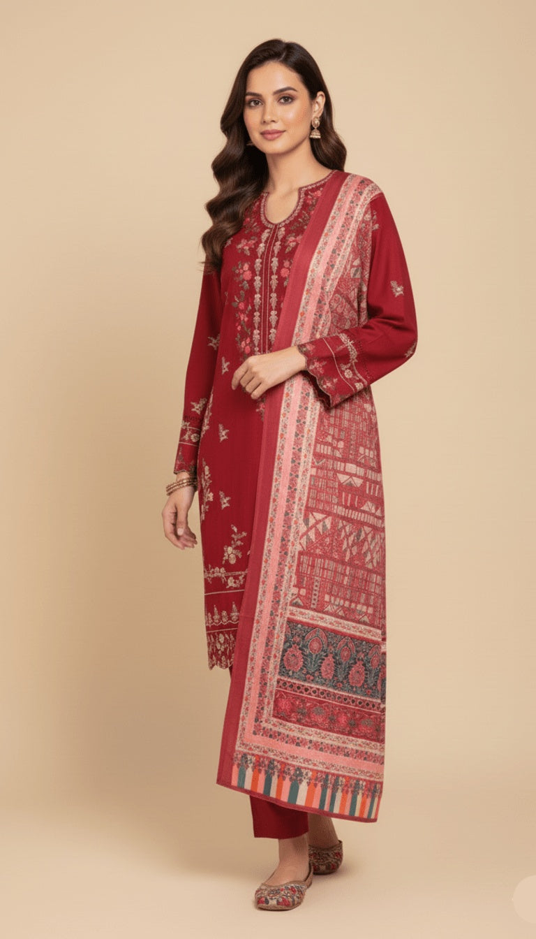 Binsaeed Three-Piece Khaddar Deep Crimson Embroidered Suit