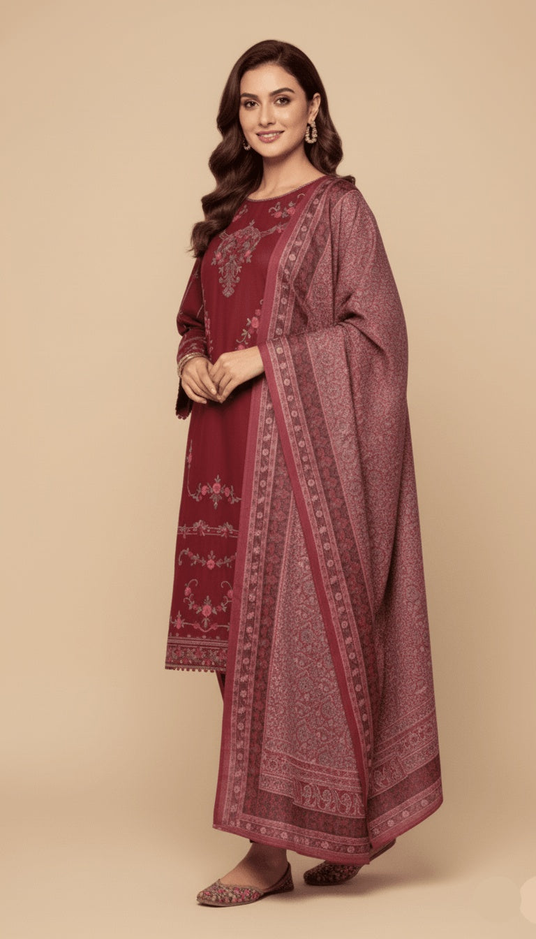 Binsaeed Three-Piece Khaddar Deep Maroon Embroidered Suit