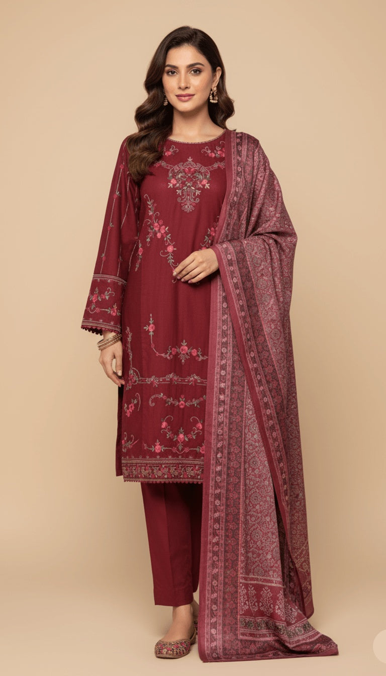 Binsaeed Three-Piece Khaddar Deep Maroon Embroidered Suit