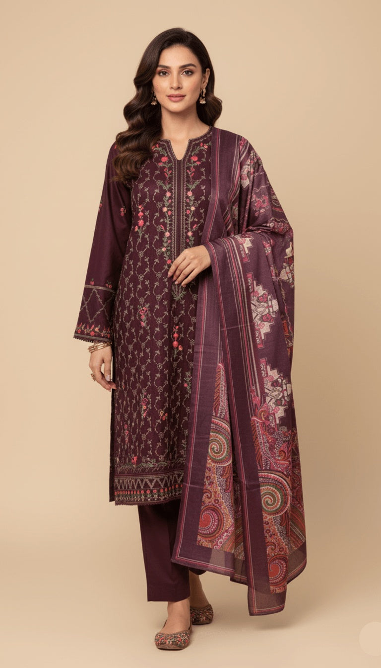 Binsaeed Three-Piece Khaddar Deep Maroon Printed Suit