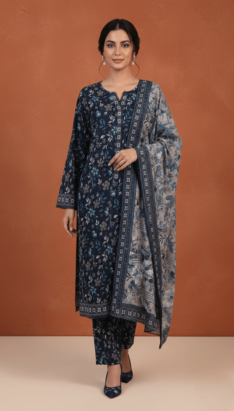 Binsaeed Three-Piece Khaddar Deep Navy & Grey Printed Suit